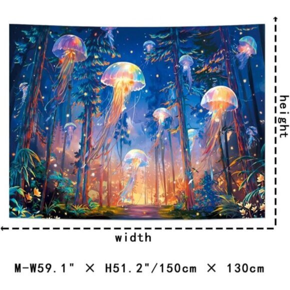 New UV Reactive Blacklight Forest Jellyfish Starry Sky Nature Tapestry, Wall Art